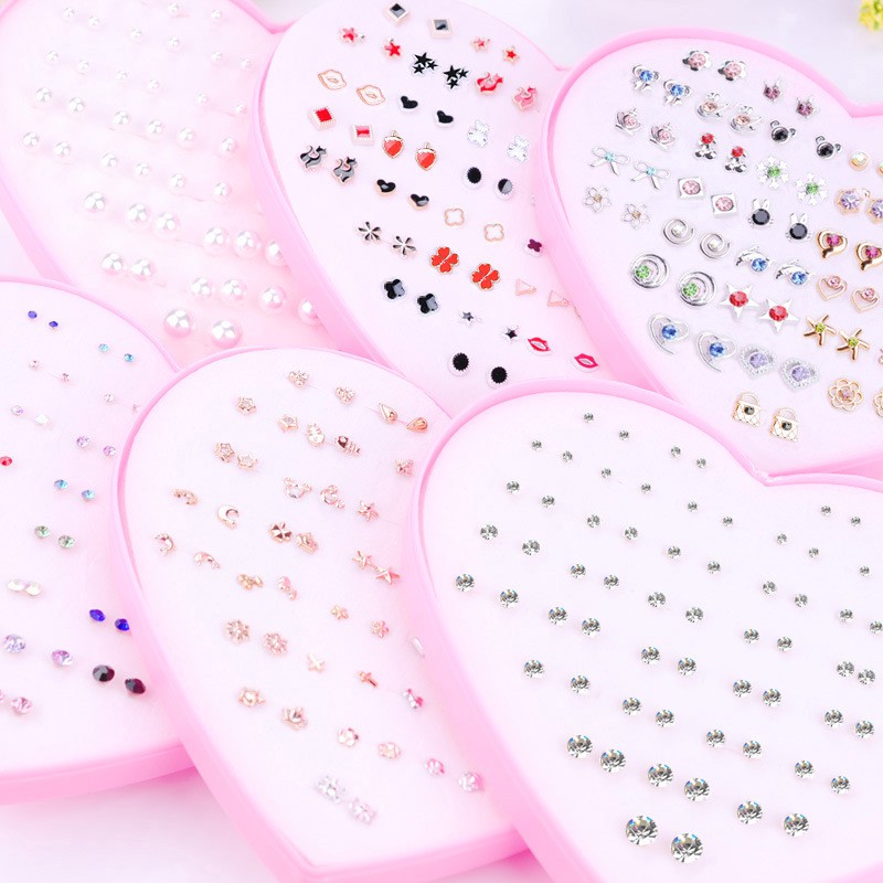 Set 36 đôi bông tai, hoa tai Hàn Quốc nhiều kiểu dáng đáng yêu cho nữ hộp trái tim màu hồng mẫu mới