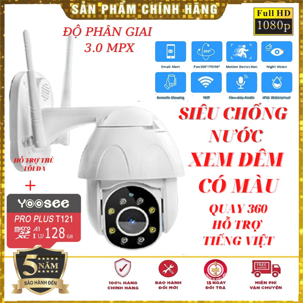 Camera ip wifi YooSee ngoài trời PTZ 3.0- 8 led và PTZ 3.0 - 26 led xem đêm có màu FULL HD Siêu chống nước bh 24 THÁNG