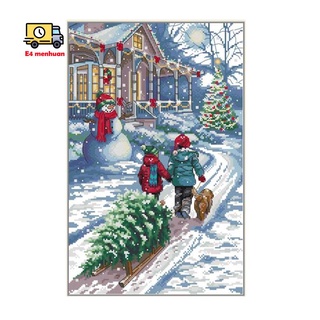 Cross Stitch Stamped Kits 14CT Printed Embroidery Cloth point Kits Easy Patterns for Christmas Snow Scene