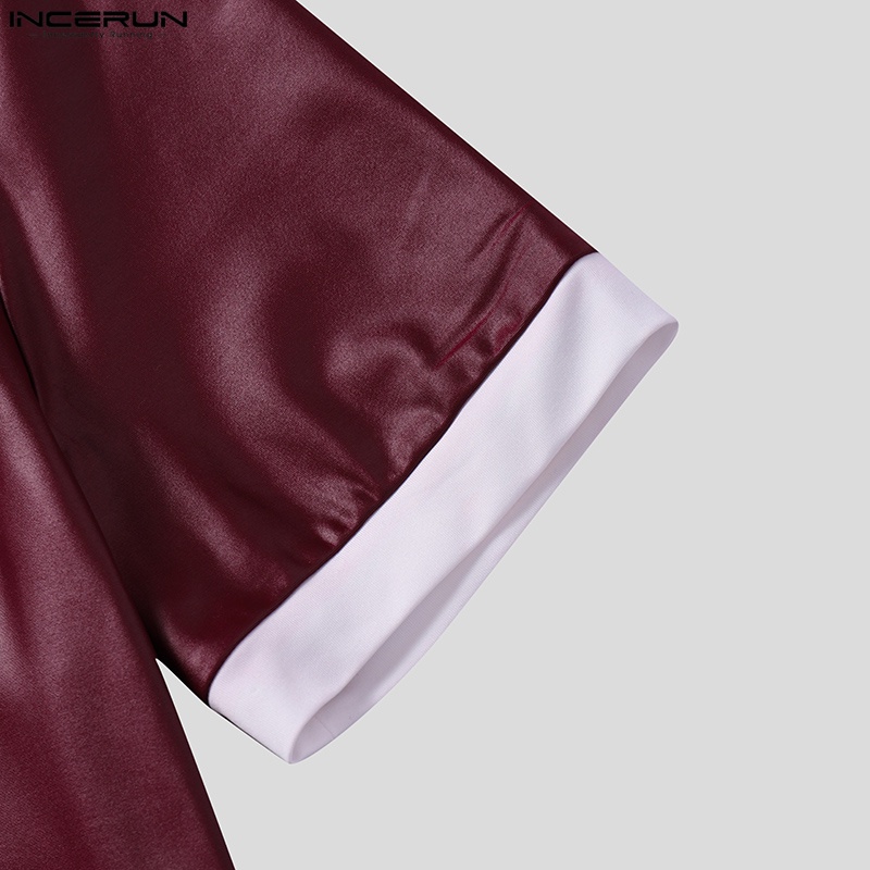 INCERUN Áo Thun Da Ngắn Tay Dáng Ôm Phối Màu Tương Phản Thời Trang Mùa Hè Cho Nam