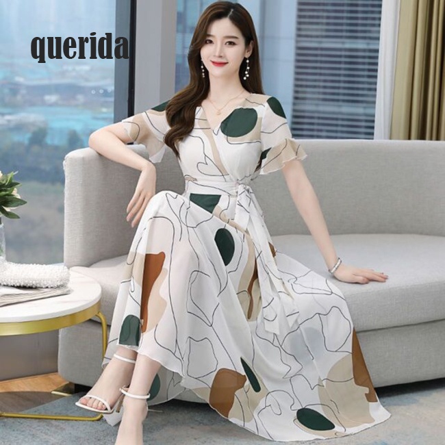 Đầm nữ dáng dài cổ V tay chuông ngắn chít eo xòe rộng in họa tiết nhiều màu đơn giản mùa hè