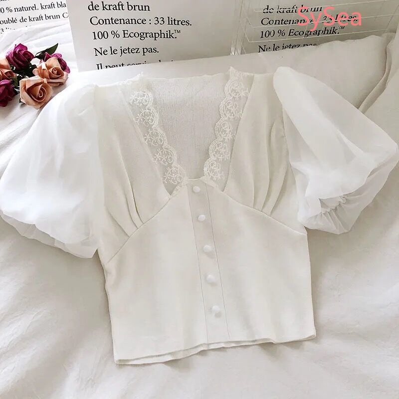 Áo Croptop Phối Ren Thời Trang Mùa Hè Pháp Quyến Rũ Cho Nữ