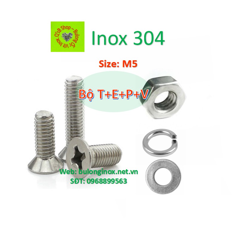 Vít pake đầu bằng inox size M5 (Bộ TEPV) , ốc 4 cạnh đầu  non inox, ốc vặn tua vít đầu bằng thân bul
