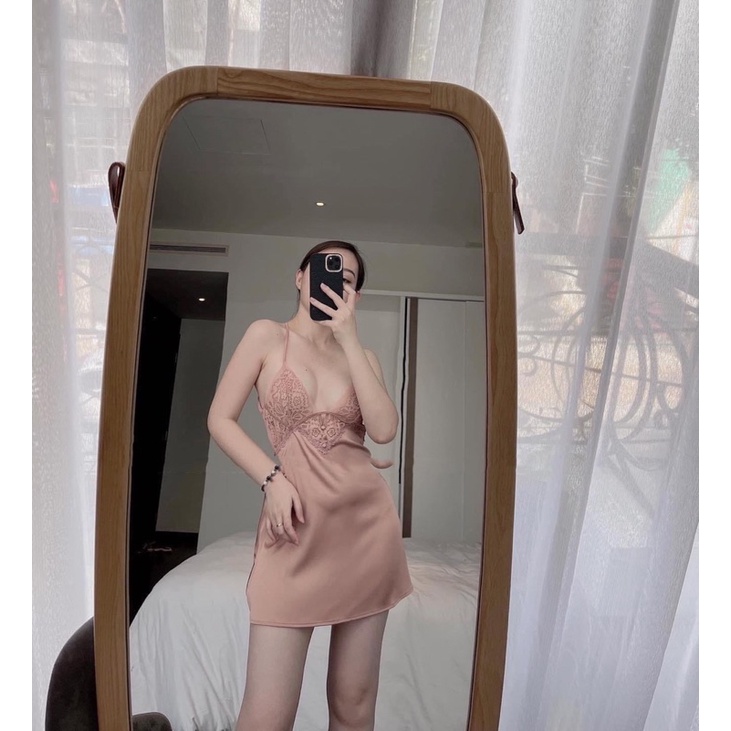 Váy Ngủ VS Lụa Phối Ren Cổ V Form Basic
