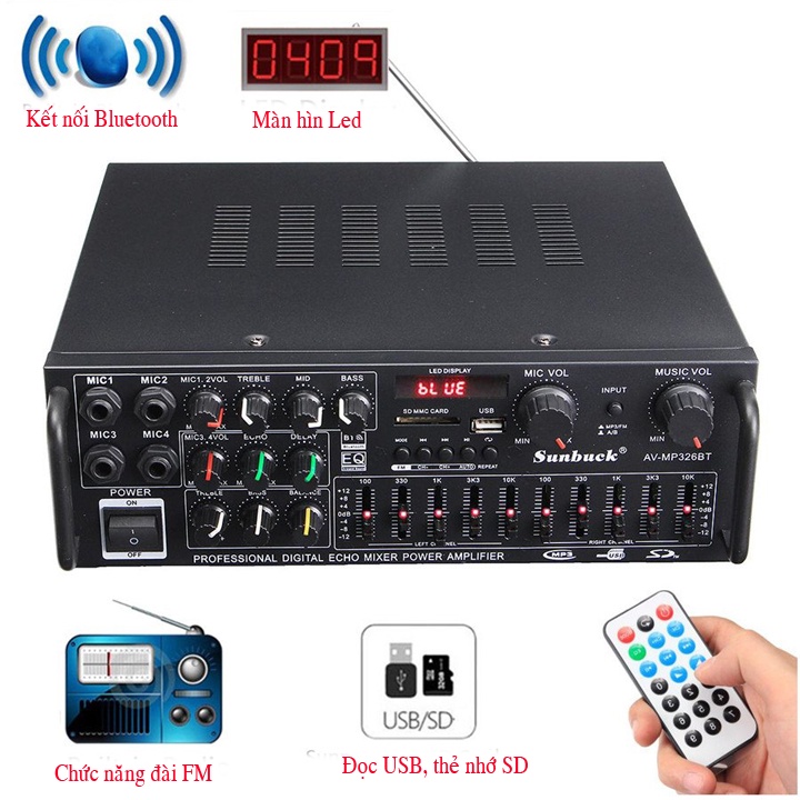 Âm ly karaoke 4 mic, kết nối blutooth, âm ly gia đình, xe hơi 12v-220v