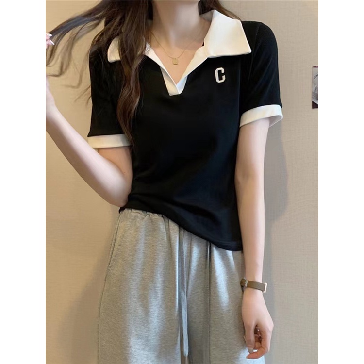 Áo polo Tay Ngắn Cổ Chữ V Thêu Chữ C Màu Sắc Tương Phản Phong Cách Hàn Quốc Thời Trang Mùa Hè 2022 Dành Cho Bạn Nữ
