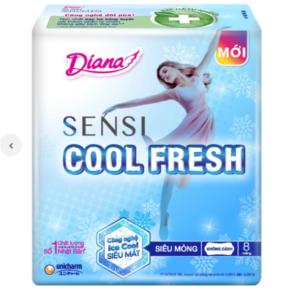 Băng vệ sinh Diana SenSi Cool Fresh siêu mỏng không cánh gói 8 miếng