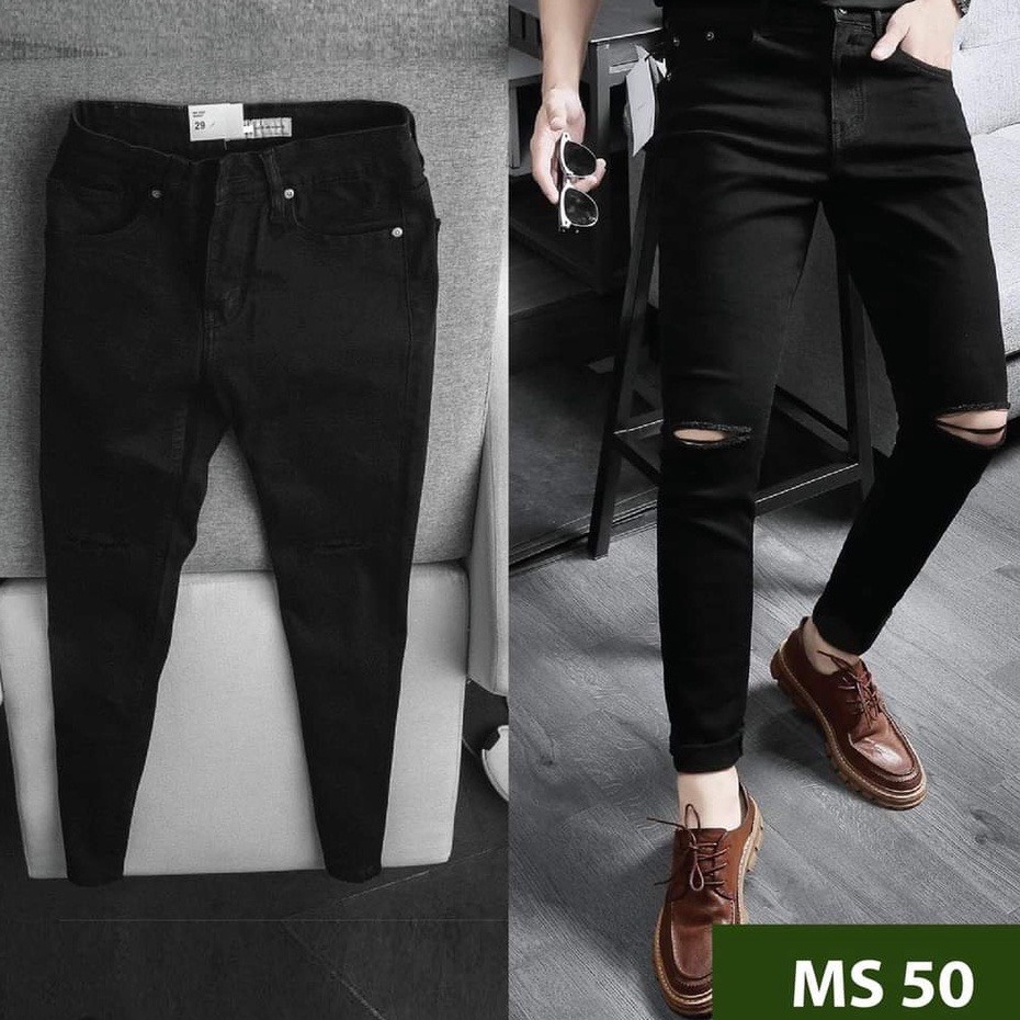 Quần Jean Nam Rách Gối Màu Đen cao cấp mẫu Skinny hot nhất