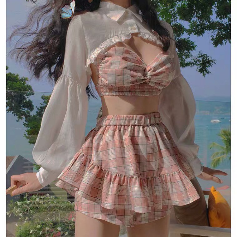 SET ÁO CROPTOP + VÁY + ÁO KHOÁC TRẮNG CARO HỒNG SIÊU HOT HIT (SET 3 MÓN) - ORDER 10 NGÀY