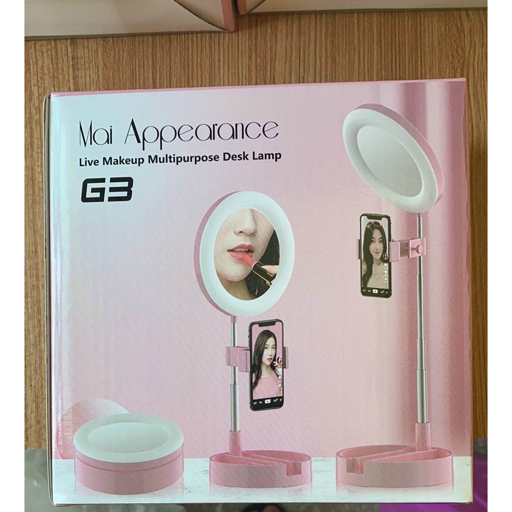 MVP1613 Gương trang điểm gấp gọn có đèn Led Livestream tích hợp giá đỡ và kẹp điện thoại