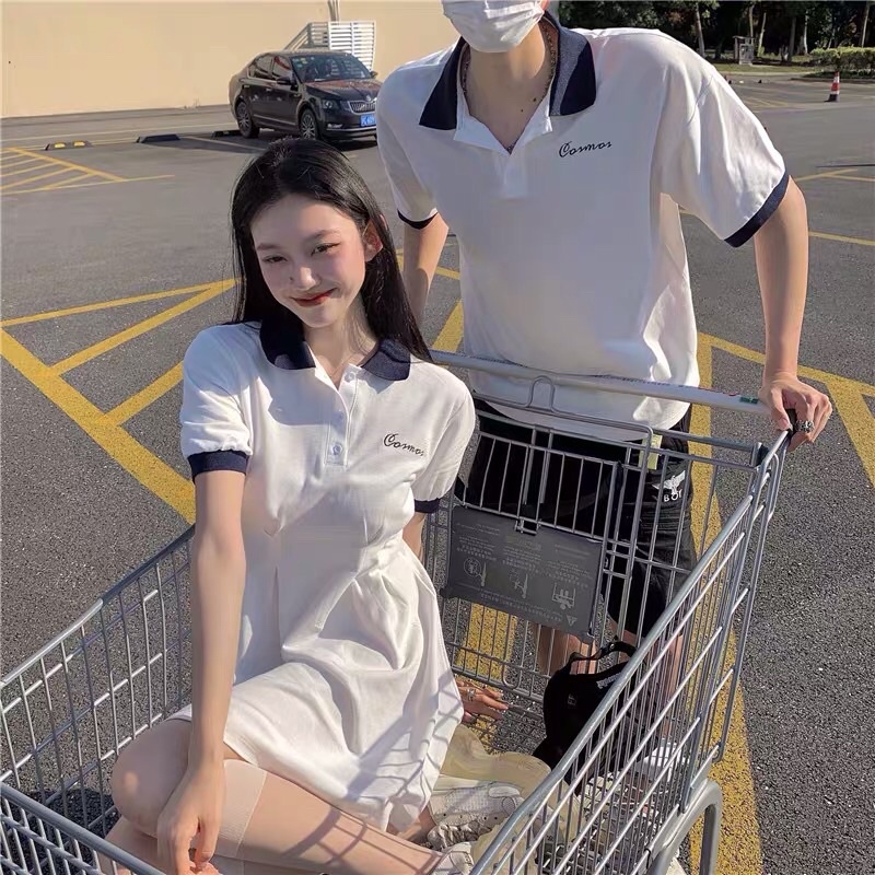 Bộ đồ đôi màu trắng váy kết hợp áo polo nam đơn giản