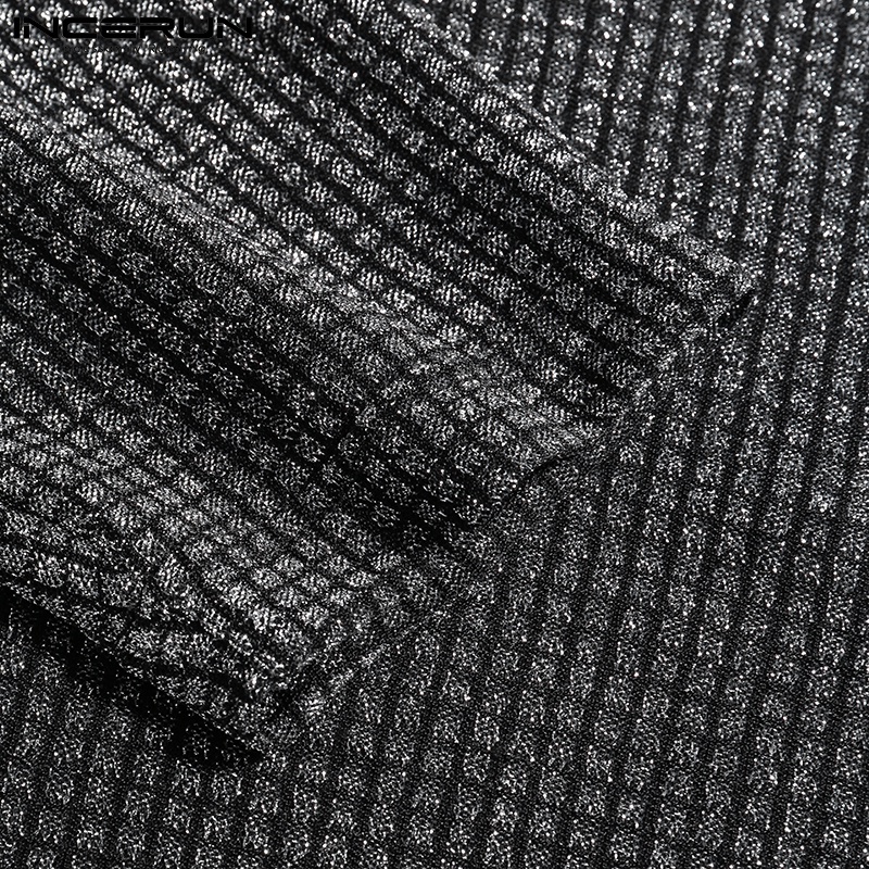 Áo thun INCERUN dáng rộng cổ tròn vải lưới xuyên thấu phối kim tuyến thời trang mùa thu cho nam