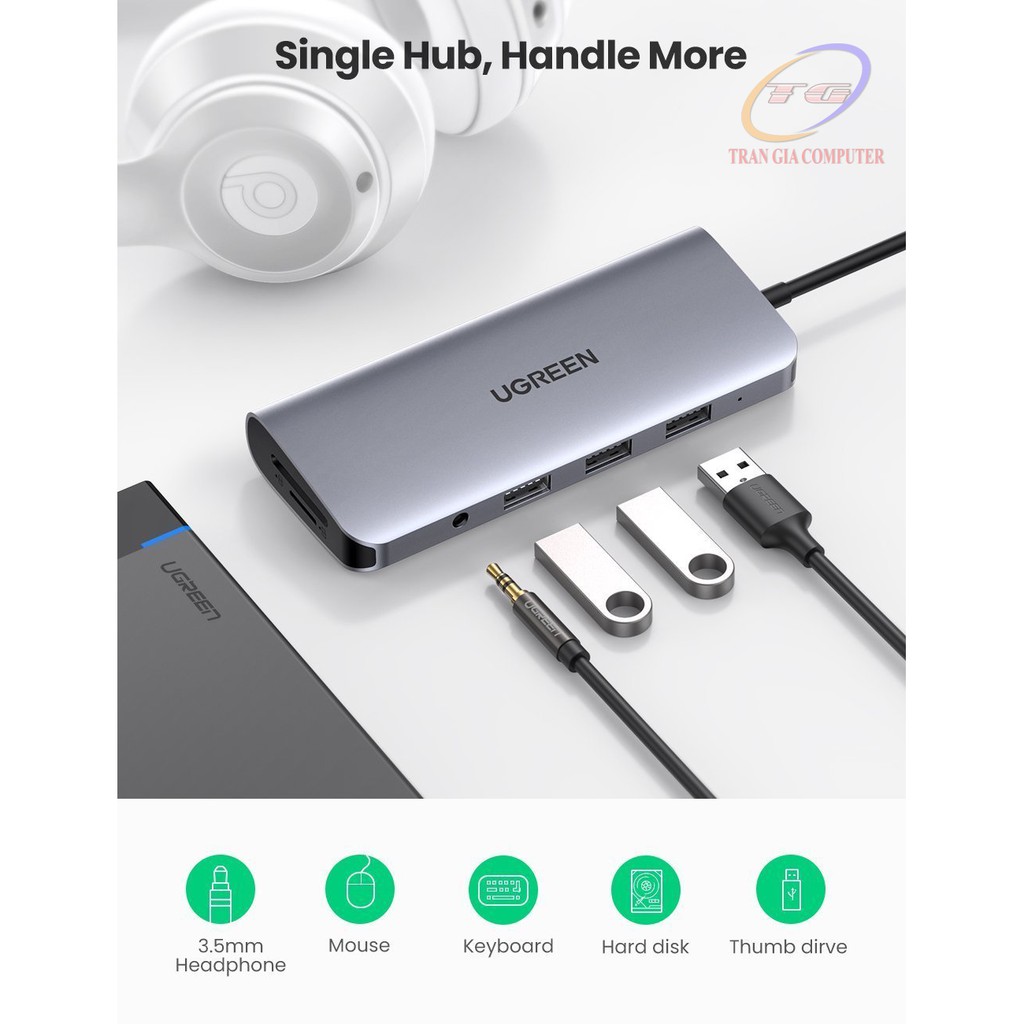 Hub USB Type C tích hợp HDMI, VGA, 3.5mm, LAN, USB, Đọc Thẻ, Sạc USB C PD Ugreen 80133