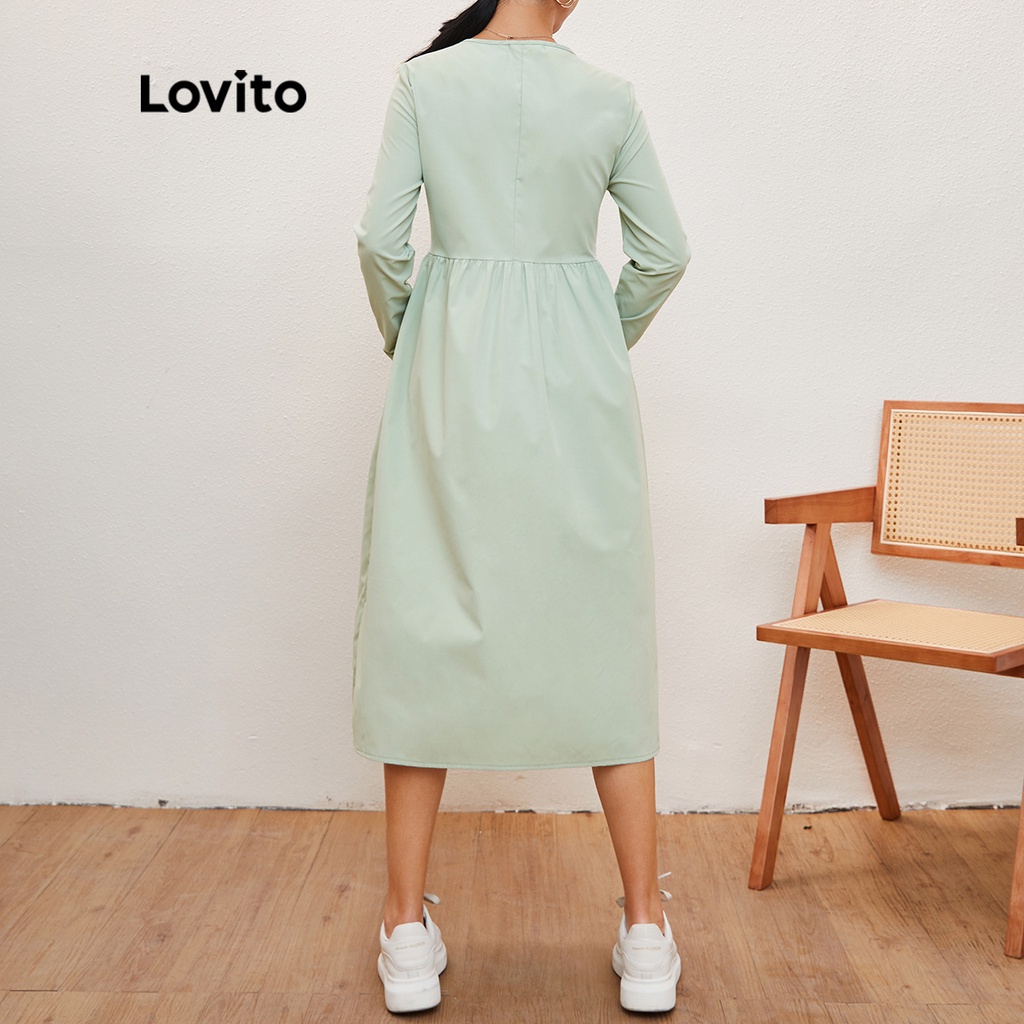 Lovito Đầm Tay Dài Cổ Chữ V Có Túi Màu Xanh Lá L20D2022-3-22