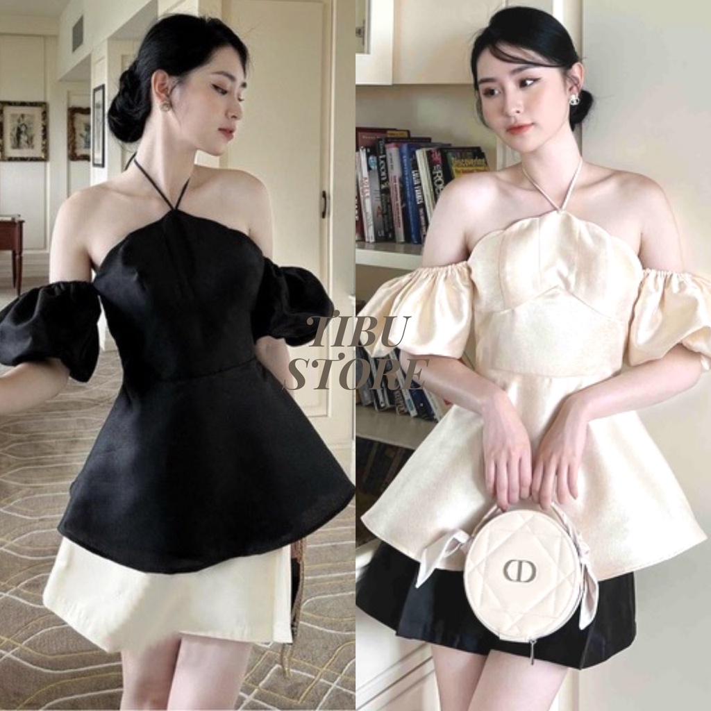 Set đùi trễ vai tay phồng TIBU, Áo hở vai nữ tay rút phối cổ yếm (có mút) đen trắng mặc đi chơi, đi tiệc hot trend