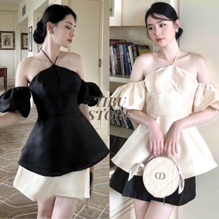 Set đùi trễ vai tay phồng TIBU, Áo hở vai nữ tay rút phối cổ yếm (có mút) đen trắng mặc đi chơi, đi tiệc hot trend
