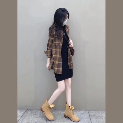 Set Áo Sơ Mi Tay Dài Kẻ Sọc Caro Phối Đầm Midi Thời Trang Mùa Thu Cho Nữ