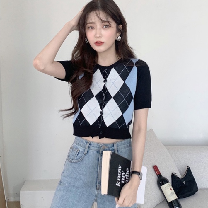 Áo cardigan ZHELIHANGFEI cổ tròn ngắn tay chất dệt kim cài nút họa tiết hình thoi dành cho nữ