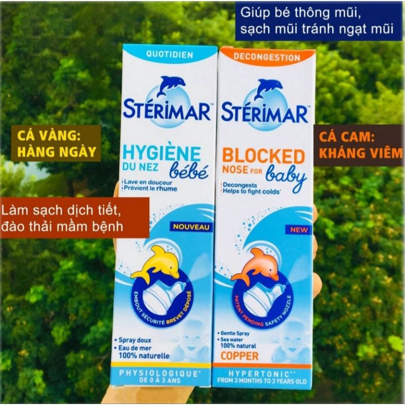 Xịt muối biển cá heo vàng và cá heo cam Sterimar Pháp (100ml) vệ sinh mũi cho bé 0-3 tuổi