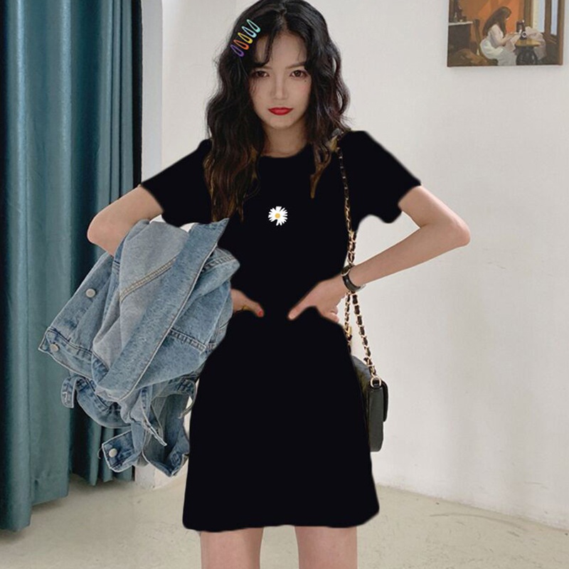 Đầm Tay Ngắn Cổ Tròn Hoạ Tiết In Đơn Giản Phong Cách Hàn Quốc