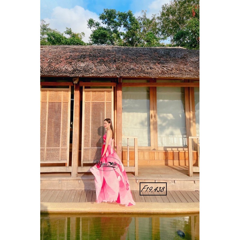 ĐẦM MAXI LOANG HỒNG XẺ TÀ NHÚN LƯNG CỔ YẾM VÁY ĐI BIỂN F19.438 MAXI YẾN