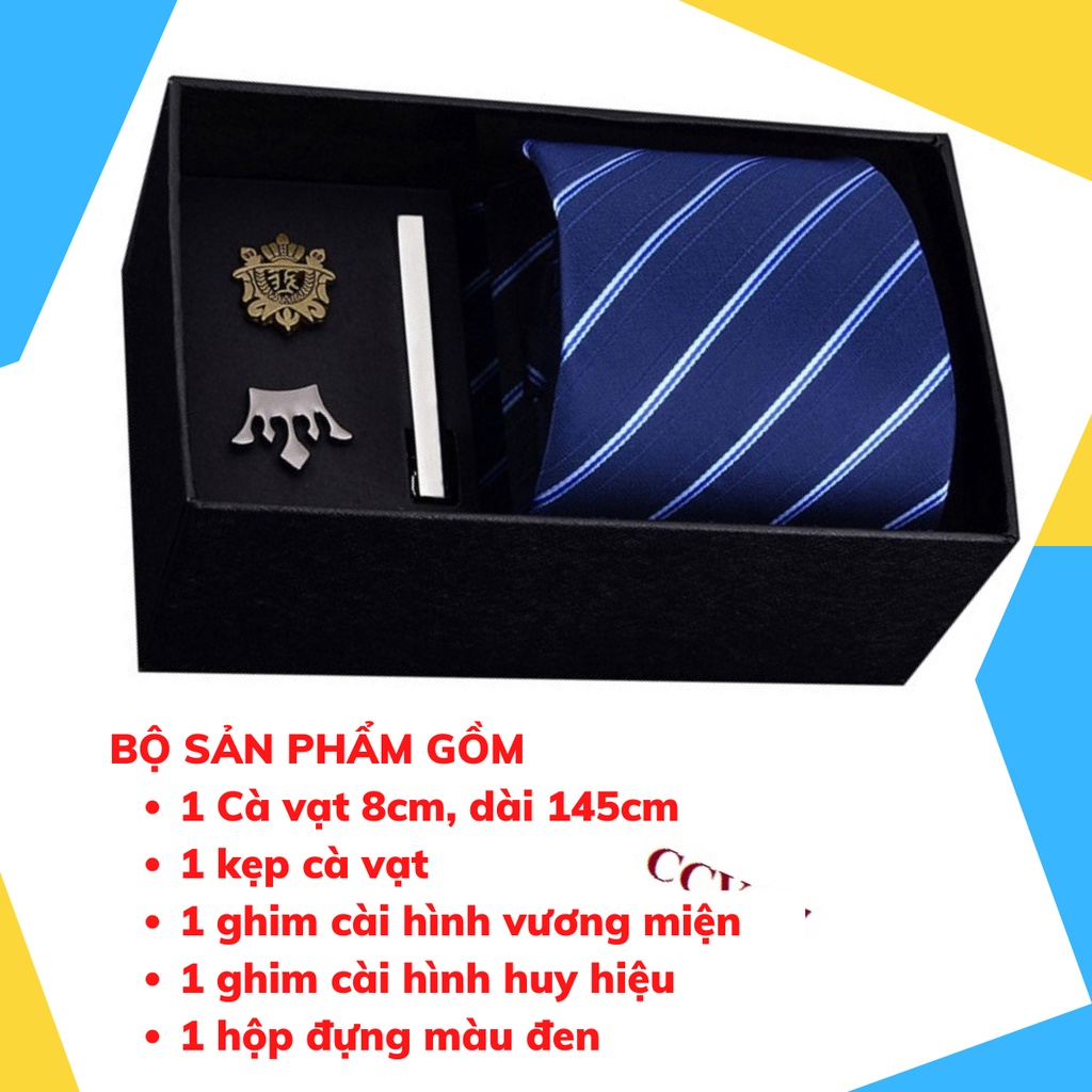 Set cà vạt bản to 8cm làm quà tặng cho Nam gồm cà vạt, kẹp cà vạt, ghim cài áo đóng hộp lịch sự CCV-07