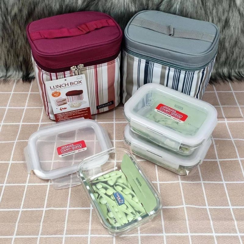 BỘ HỘP CƠM THUỶ TINH KÈM TÚI GIỮ NHIỆT LOCK&LOCK LLG422S3 (3x380ml) - màu kẻ xanh và màu kẻ đỏ | BigBuy360 - bigbuy360.vn