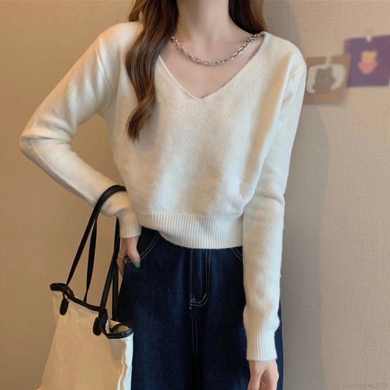 Áo Croptop Tay Dài Cổ Chữ V Phong Cách Hàn Quốc