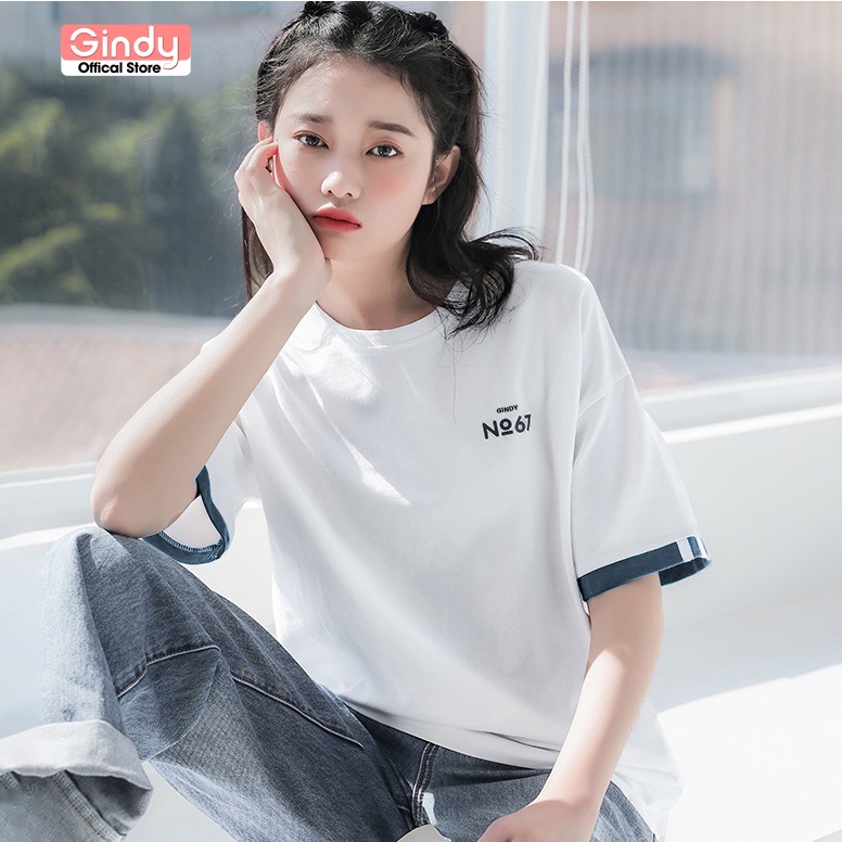 Áo thun nữ form rộng tay lỡ GINDY cổ tròn dáng basic unisex vải cotton co giãn, thoáng mát A6142