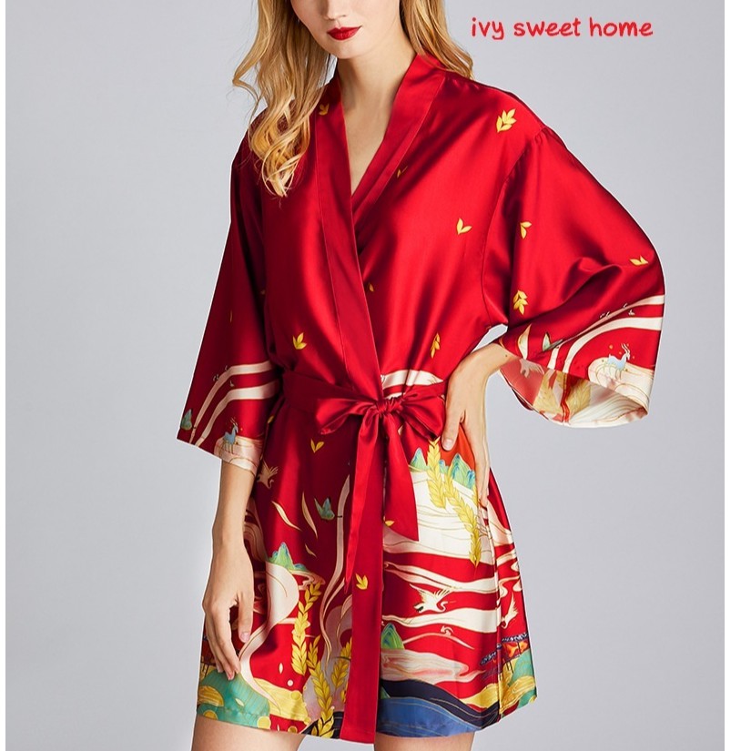 Áo Kimono Ngủ Lụa  Yukata Mặc Nhà  Áo Choàng Tắm IVY242