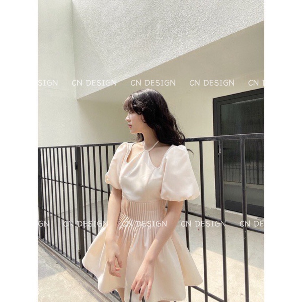 Váy Tacta Cổ Yếm Tay Bồng Đầm Ngắn Trơn Màu Dáng Xòe Tiểu Thư