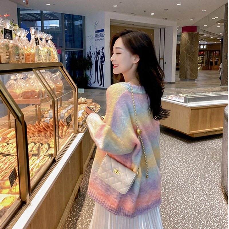 Áo Len Tay Dài Cổ Tròn Họa Tiết Kẻ Sọc Màu Sắc Cầu Vồng Phong Cách Harajuku Thời Trang Mùa Thu Dành Cho Nữ 10mk