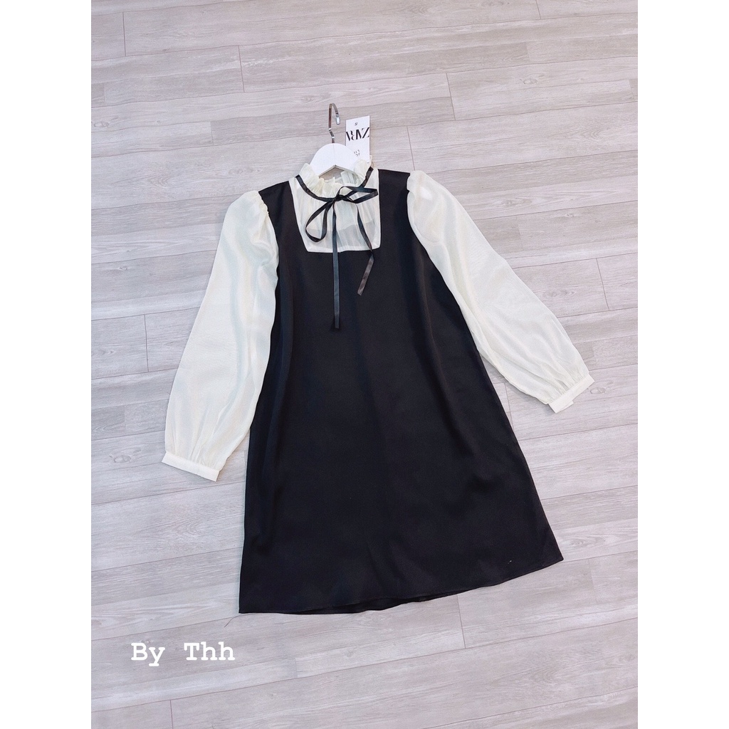 VÁY PHỐI TƠ CỔ NƠ BÈO DÀI TAY DÁNG SUÔNG TIỂU THƯ