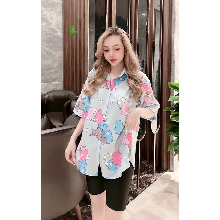Áo sơ mi tay lỡ form rộng in hình họa tiết đám mây cầu vồng cực xinh , chất kate mềm mịn mát