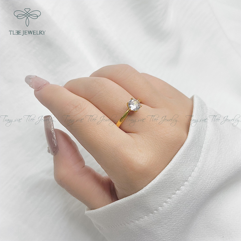 Nhẫn bạc nữ TLEE đá sáu chấu mạ vàng 14k viền trơn cao cấp NCJ A0149