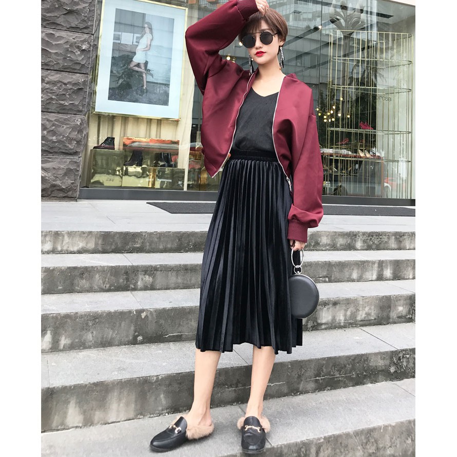 Chân váy nhung xếp ly