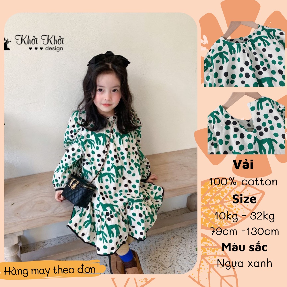 Đầm bé cổ tròn tay phồng thiết kế đuôi cá viền cùng họa tiết ngựa xanh