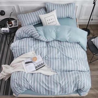 Chăn ga gối cotton poly kẻ sọc xanh nhập khẩu bộ 4 món chăn, ga , 2 vỏ gối chăn ga 255