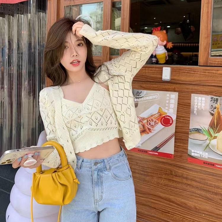 Bộ Áo Khoác cardigan Dệt Kim Phối Áo Hai Dây Thời Trang Mới Cho Nữ