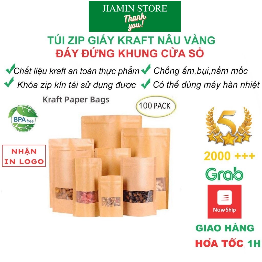 Túi Zip Giấy Jiamin 1 Túi Zip Giấy Kraft Đáy Đứng Cửa Sổ Đựng Bảo Quản Thực Phẩm, Đồ Ăn