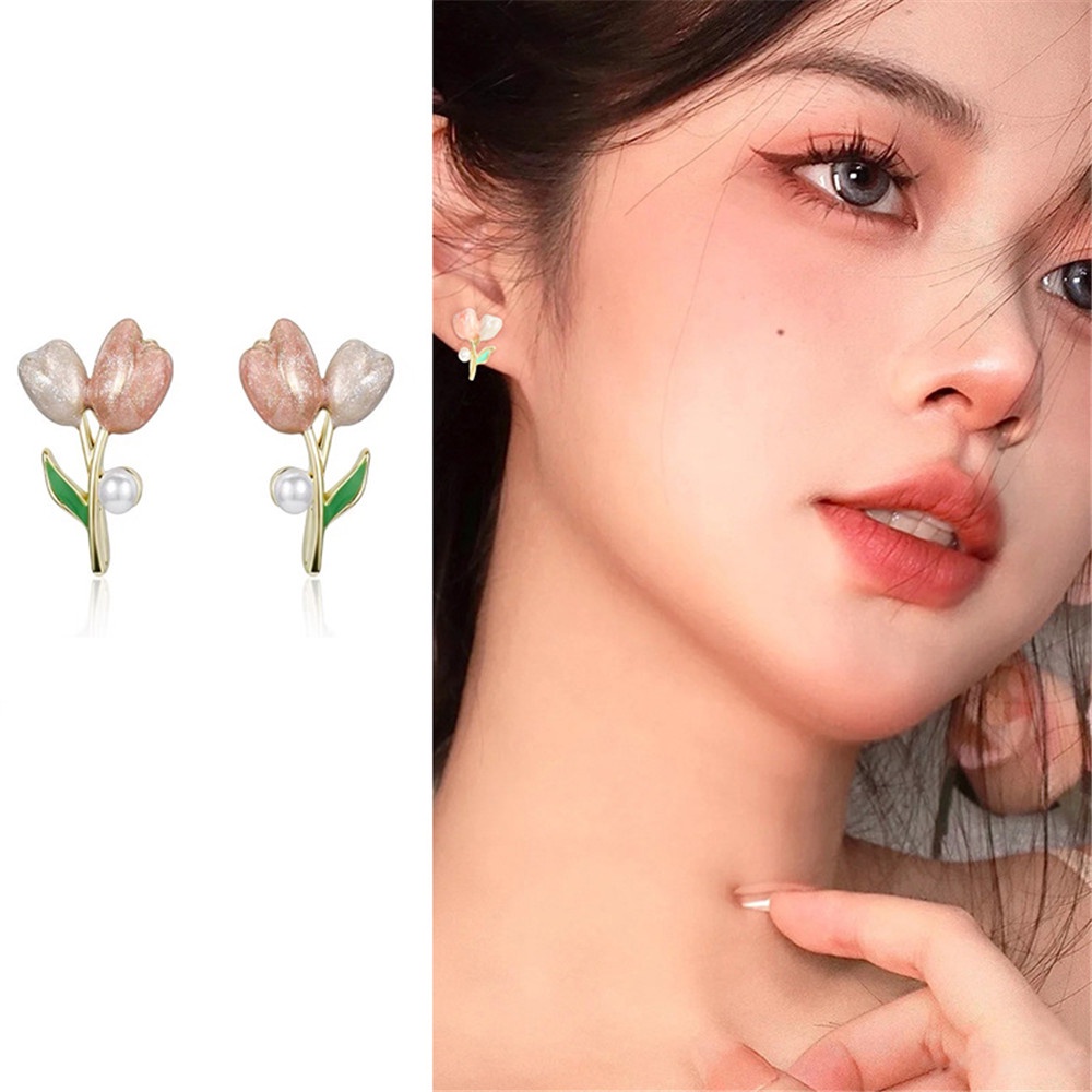 Khuyên Tai Hoa Tulip Màu Hồng Thiết Kế Mới Ngọt Ngào Cao Cấp Thời Trang Mùa Hè