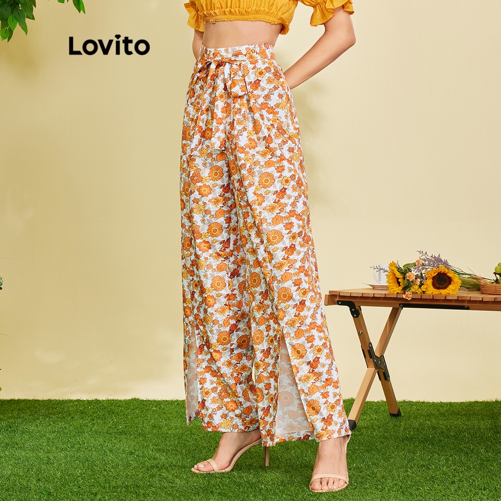 Quần dài (Lovito Exclusive) FREE NATURE Thực vật Ren Up Mặt trước phân chia Boho L28EE047 (Cam)