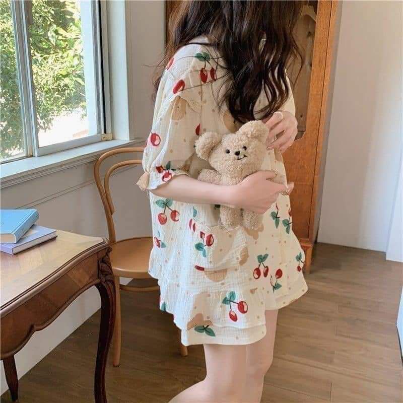 Bộ mặc nhà nữ , bộ ngủ tay ngắn viền ren hàng chuẩn loại 1 quảng châu