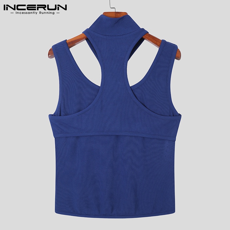 Áo ba lỗ dệt kim INCERUN cổ cao màu trơn thời trang cho nam có 3 màu lựa chọn