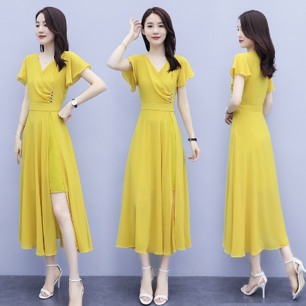 Đầm Dáng Chữ A Màu Trơn Cổ V Ôm Eo Thời Trang Cho Nữ