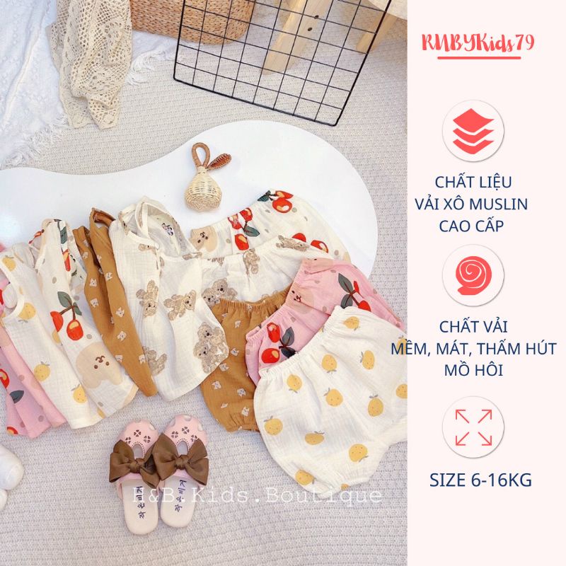 Đồ bộ mặc nhà chất vải xô MUSLIN CAO CẤP cho bé gái  trai từ 6-16kg -  rubykids79
