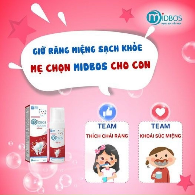 Kem đánh răng dạng bọt Midbos thương hiệu Midkid cho bé từ 1 tuổi giúp làm trắng răng, thơm miệng, giảm mảng bám ố vàng
