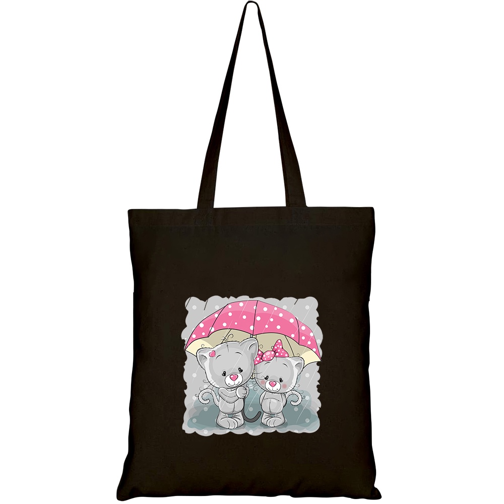 Túi vải tote canvas HTFashion in hình two cute cartoon kittens umbrella HT514