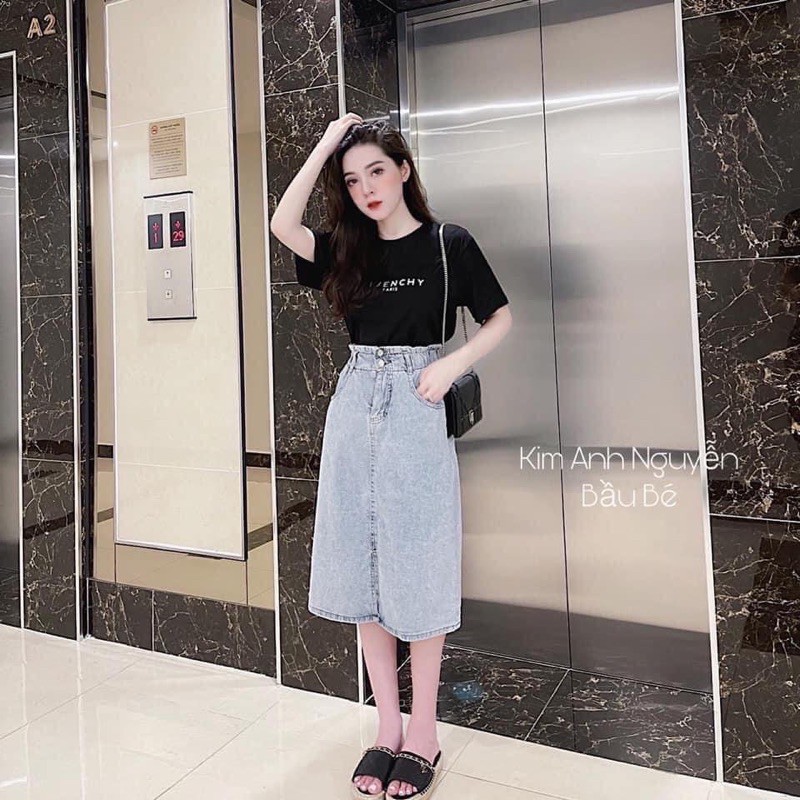 CHÂN VÁY BÒ CẠP CHUN 2 KHUY DÁNG DÀI