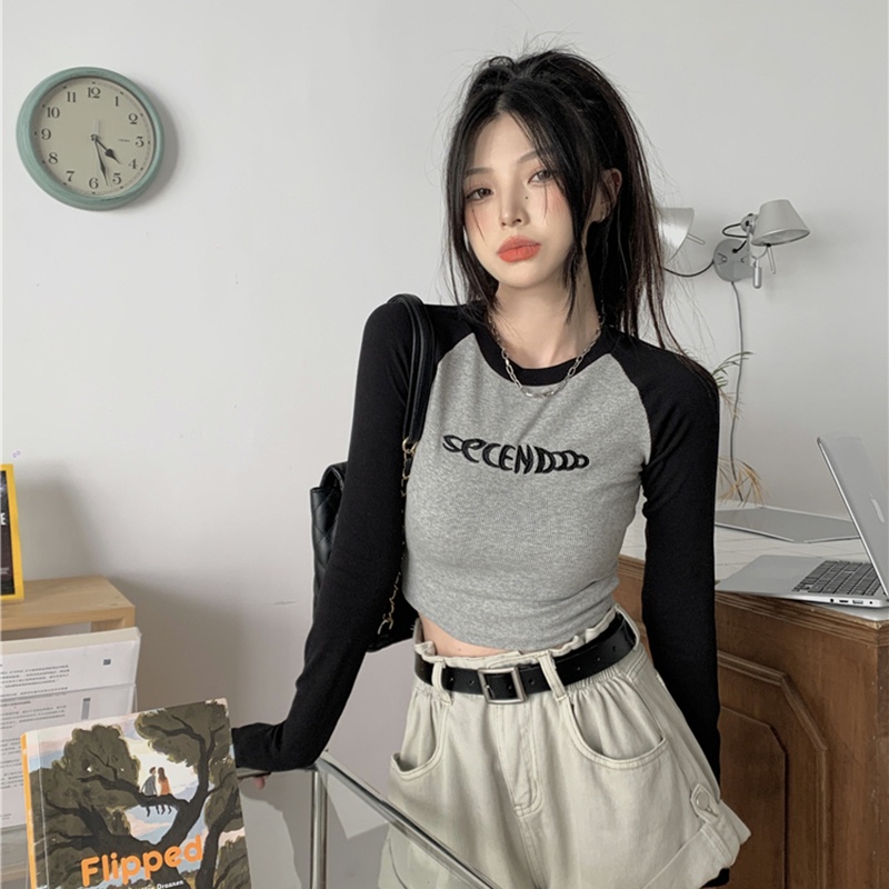 IELGY  Áo Thun Tay Dài Dáng Ôm Màu Sắc retro Dành Cho Nữ